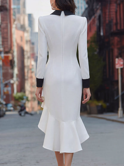 Contrast Peak Lapel Long Sleeve Midi Blazer Dress with Ruffle Hem