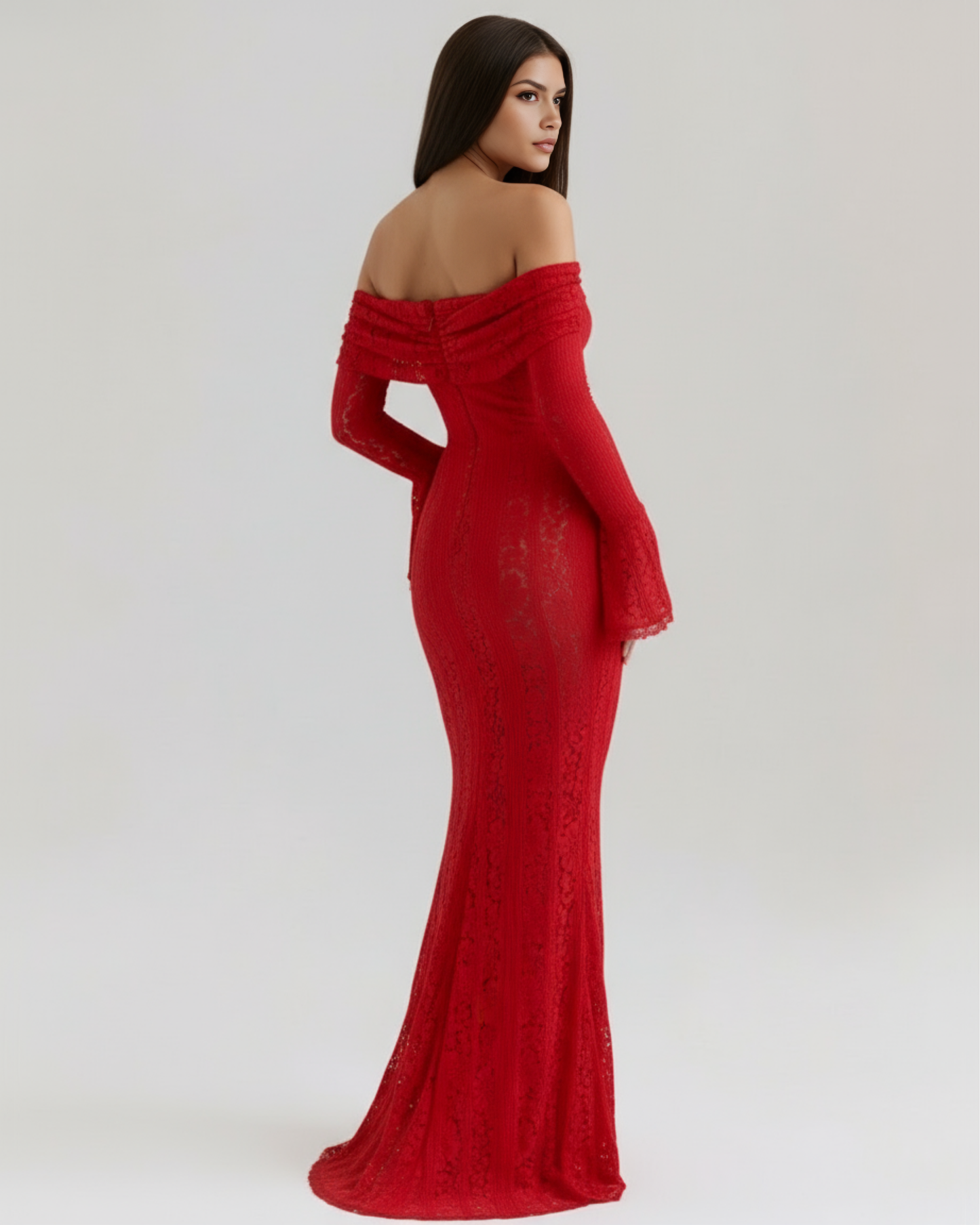 Vestido largo de encaje con escote bardot