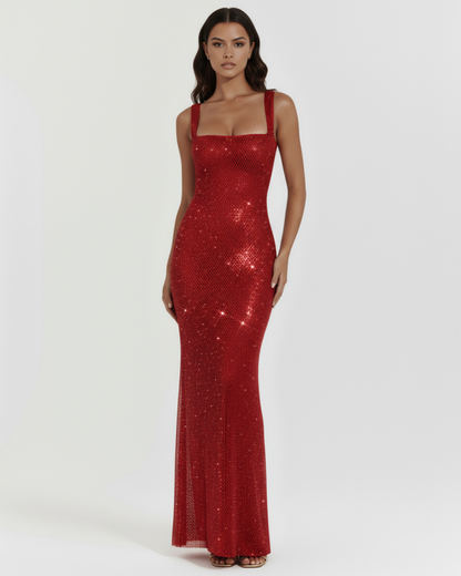 Shiny maxi dress with a square neckline