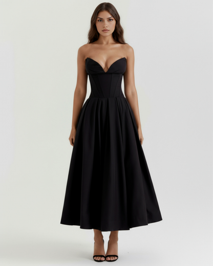 Vestido midi palabra de honor con falda amplia