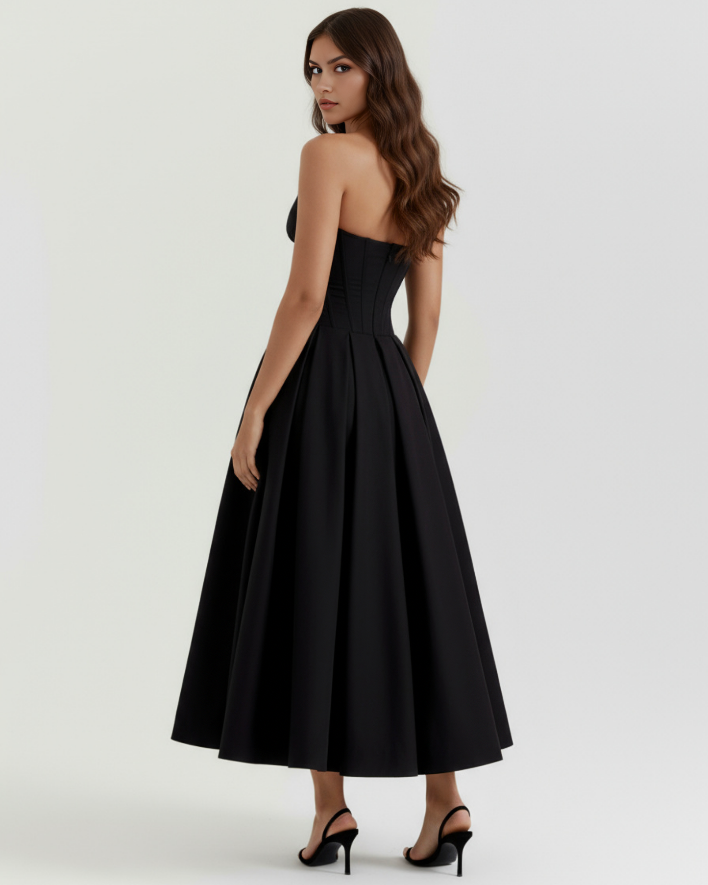 Vestido midi palabra de honor con falda amplia