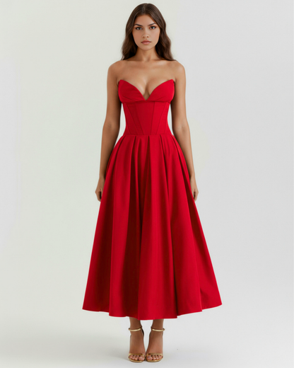 Vestido midi palabra de honor con falda amplia