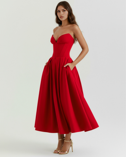 Vestido midi palabra de honor con falda amplia