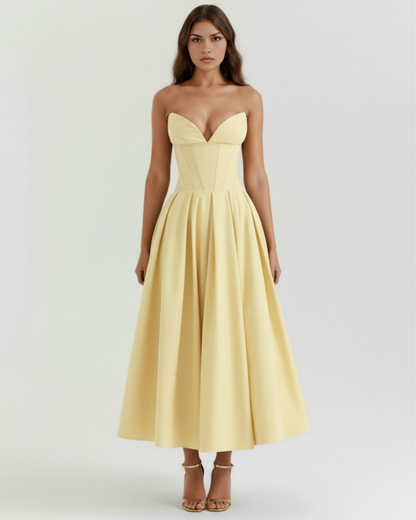 Vestido midi palabra de honor con falda amplia
