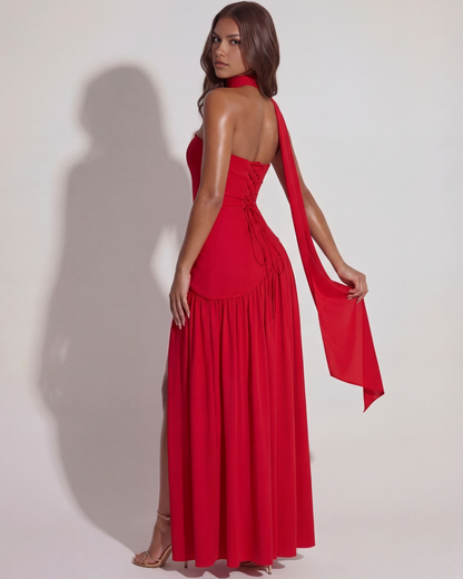 Vestido largo palabra de honor con abertura