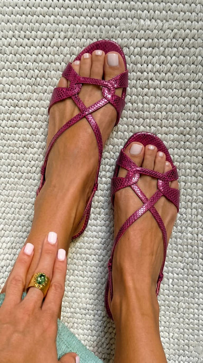 Flat Slingback Sandals with Open Toe and Snakeskin Effect