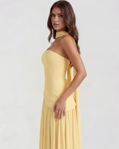 Vestido largo palabra de honor con abertura