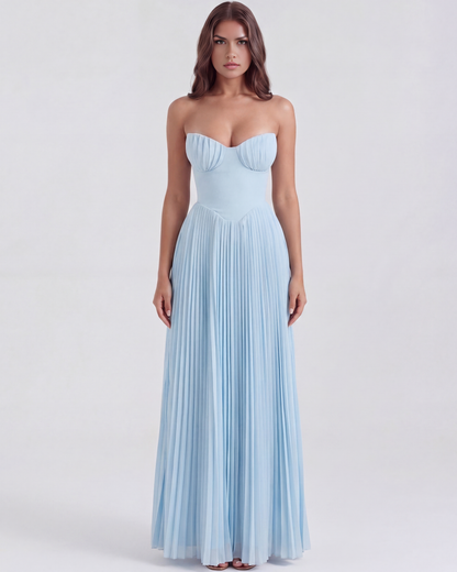 Vestido largo plisado con escote palabra de honor