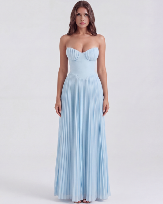 Vestido largo plisado con escote palabra de honor