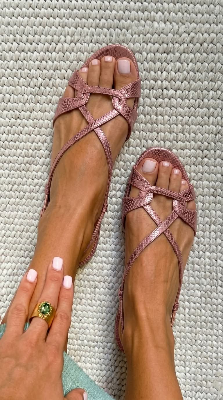 Flat Slingback Sandals with Open Toe and Snakeskin Effect