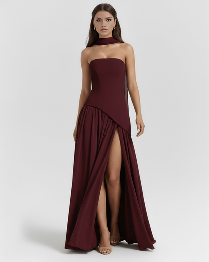 Vestido largo palabra de honor con abertura