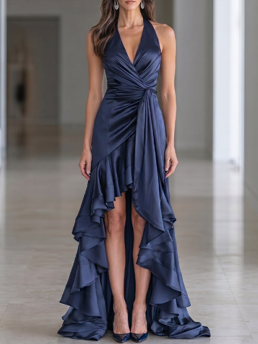 Halter Neck Ruched Satin High-Low Ruffle Evening Gown