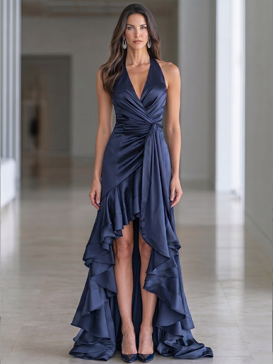 Halter Neck Ruched Satin High-Low Ruffle Evening Gown