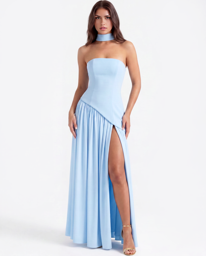 Vestido largo palabra de honor con abertura