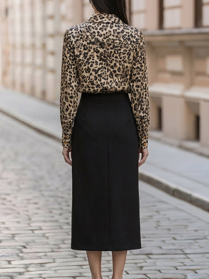 Leopard Print Draped Collar Blouse & Asymmetric Slit Midi Skirt Set