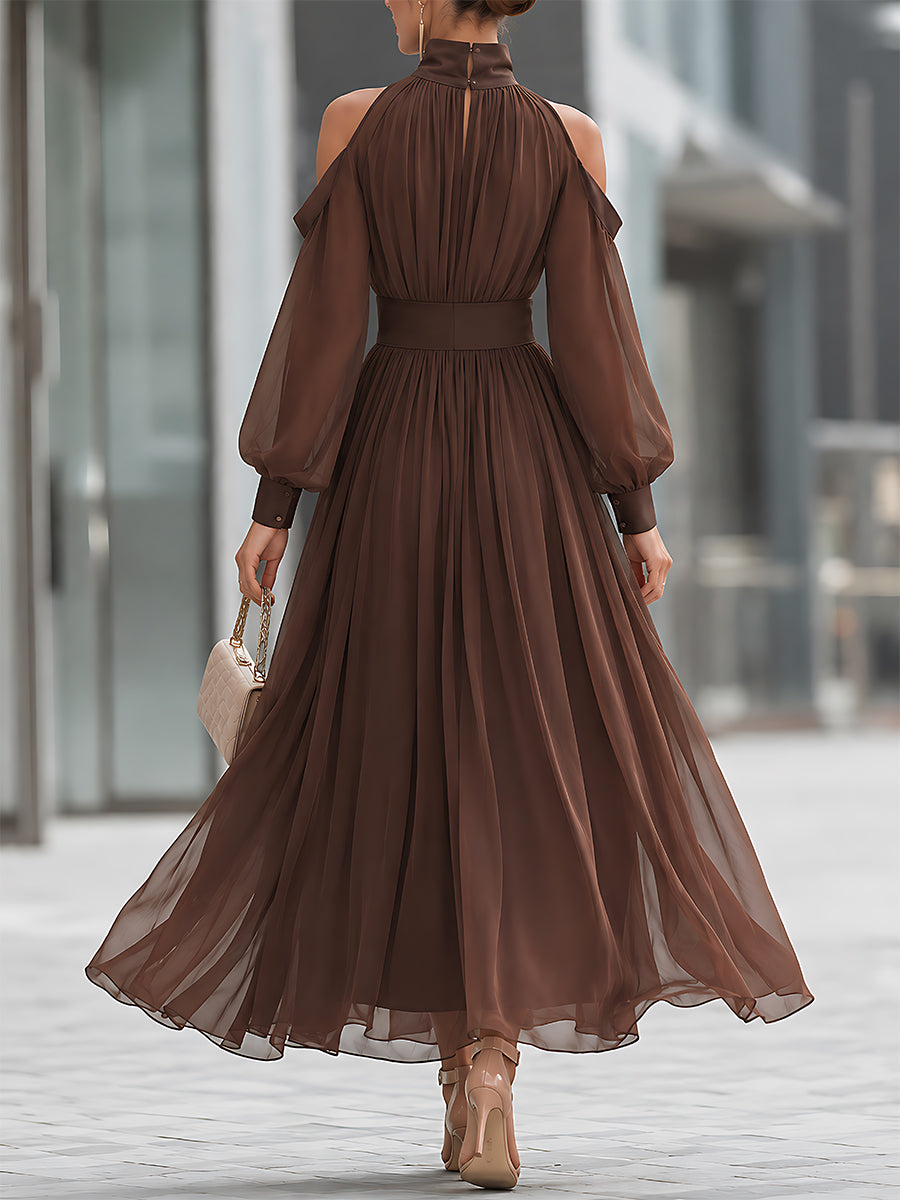 Cold-Shoulder Pleated Chiffon Maxi Dress