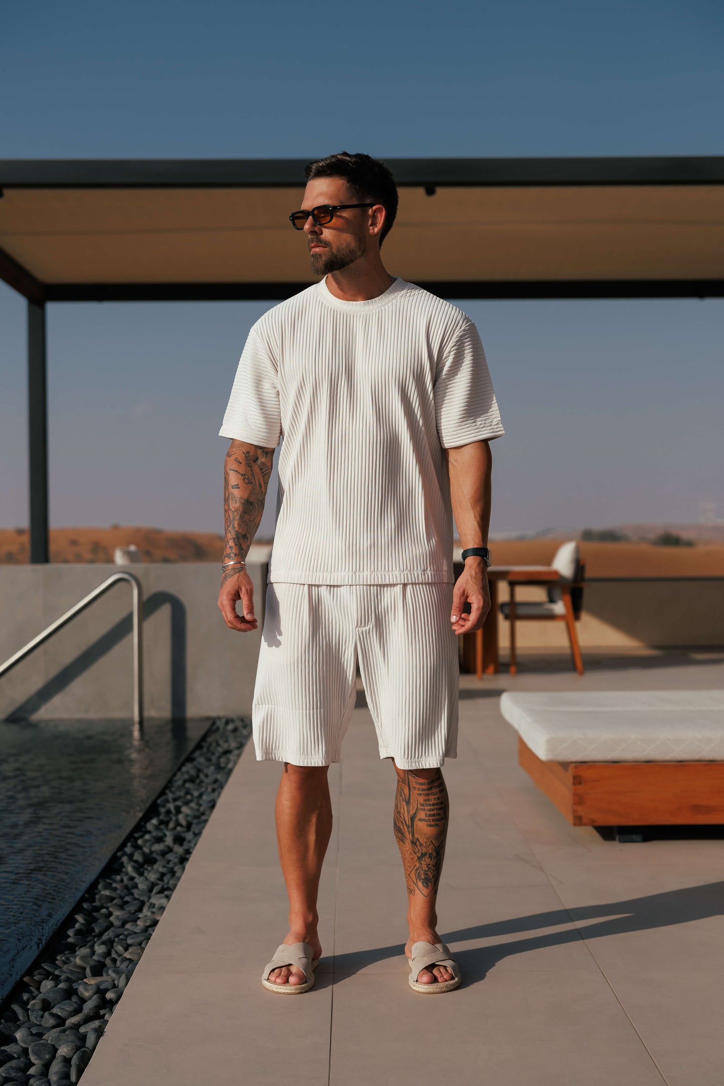 Pleated Shorts — Beige