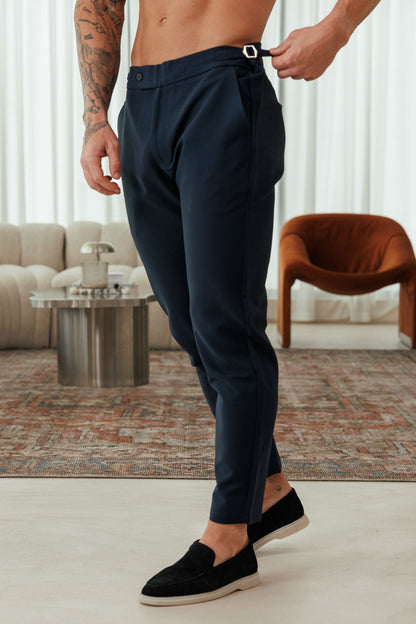 Slim Fit Stretch Trouser with Side Cinch — Navy